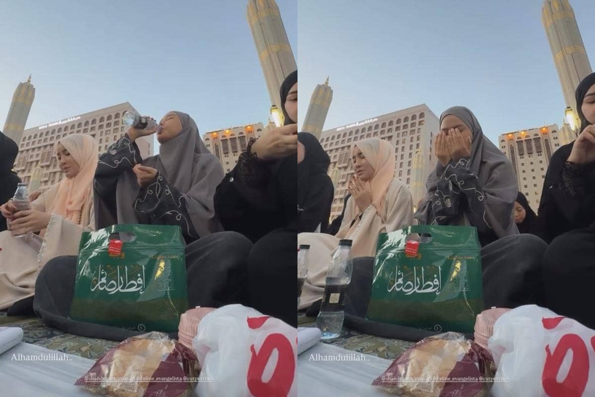 Dara Arafah berbuka puasa dengan air putih yang merupakan menu takjil buka bersama di Masjid Nabawi