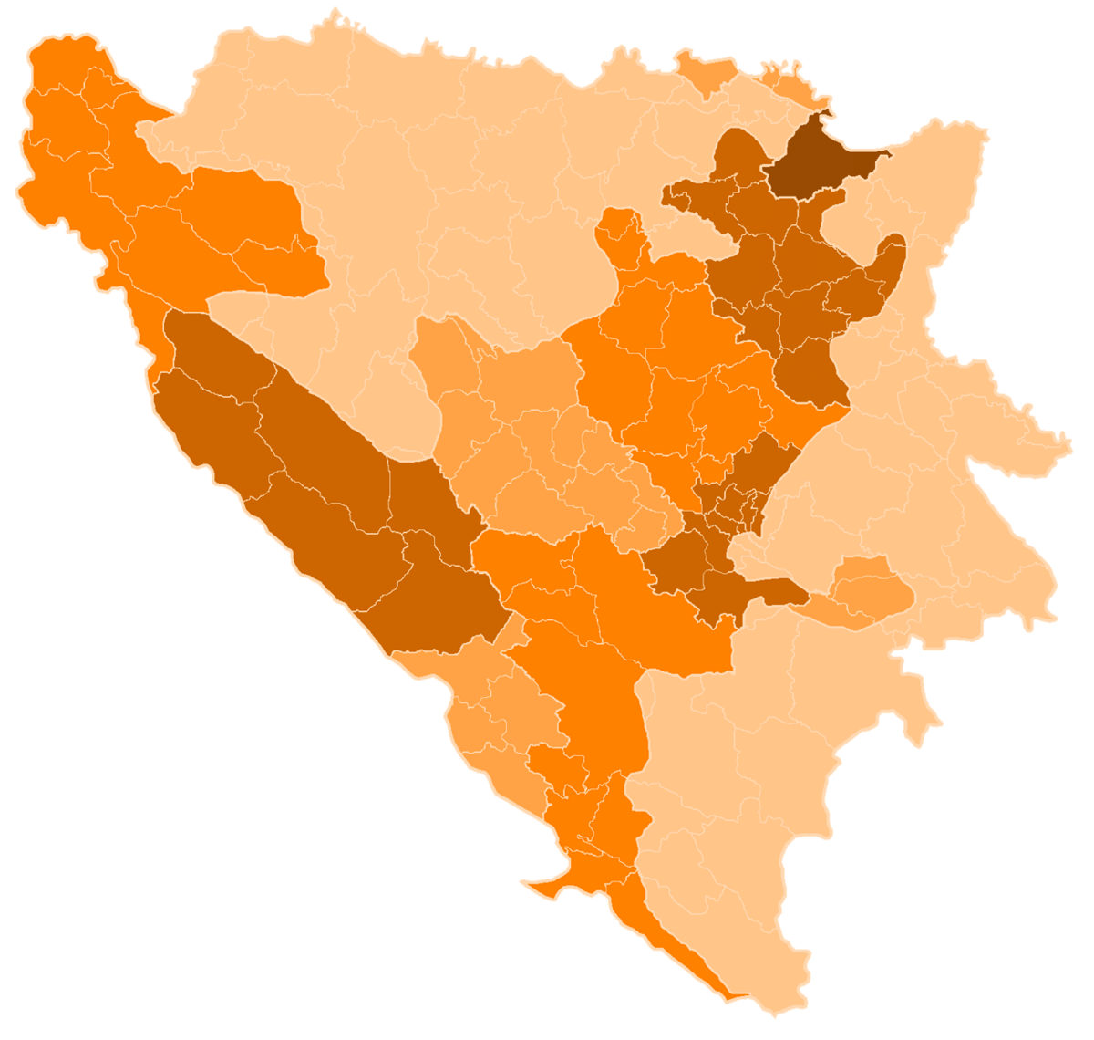 Peta yang menggambarkan pembagian administratif Bosnia dan Herzegovina. Wilayah-wilayah tersebut diarsir dengan berbagai gradasi warna oranye dan kuning, kemungkinan mewakili kanton, entitas, atau kotamadya yang berbeda di dalam negeri. 