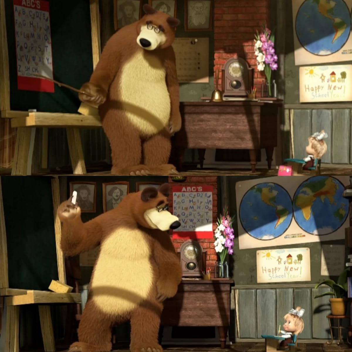 kegiatan belajar mengajar Masha dan Bear