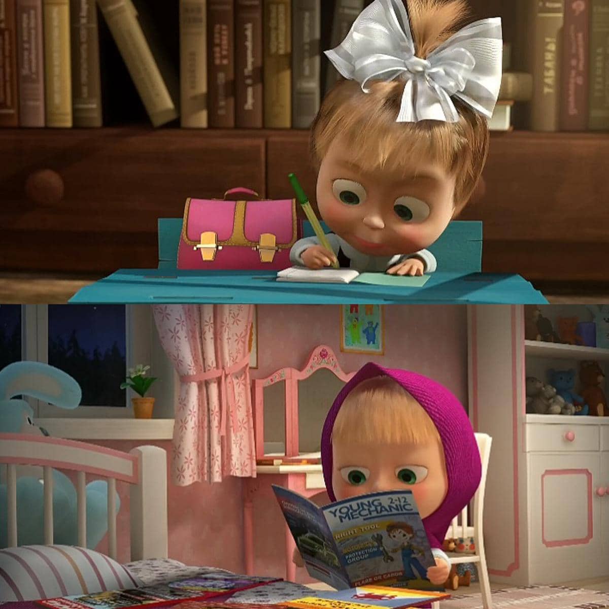 Masha saat menulis dan membaca buku sendiri. 