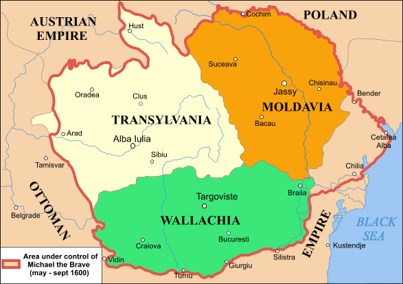 Peta yang menggambarkan penyatuan singkat tiga kerajaan bersejarah Transylvania, Moldavia, dan Wallachia di bawah pemerintahan Michael the Brave antara Mei dan September 1600. Wilayah-wilayah inilah yang menjadi inti dari negara Rumania modern.