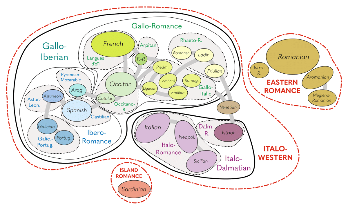Diagram yang mengilustrasikan klasifikasi dan hubungan antara berbagai bahasa Roman. Bahasa Rumania ditampilkan di sisi kanan atas, dalam kategori "ESTERN ROMANCE" (Roman Timur) bersama dengan Aromanian dan Megleno-Rumania. Bahasa Rumania adalah bahasa Roman, mirip dengan bahasa Italia. Sekitar 20% 