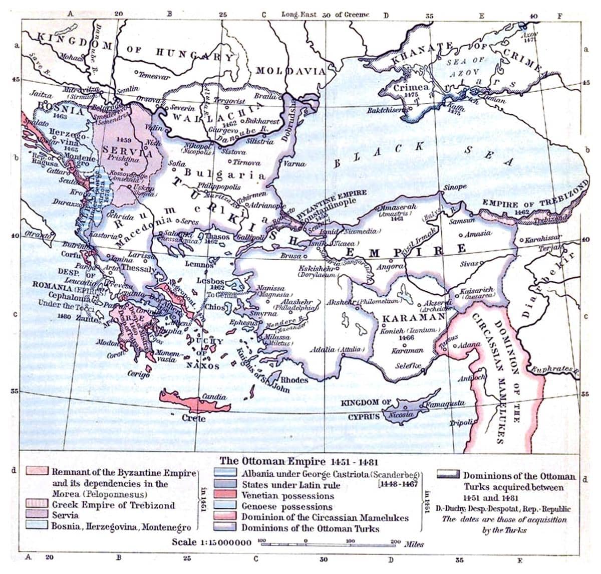 Peta sejarah yang menunjukkan wilayah Kekaisaran Ottoman selama masa ekspansi besarnya antara tahun 1451 hingga 1481.