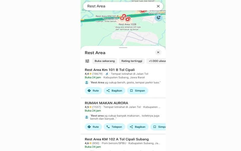 cara cek rest area tol terdekat di Google Maps