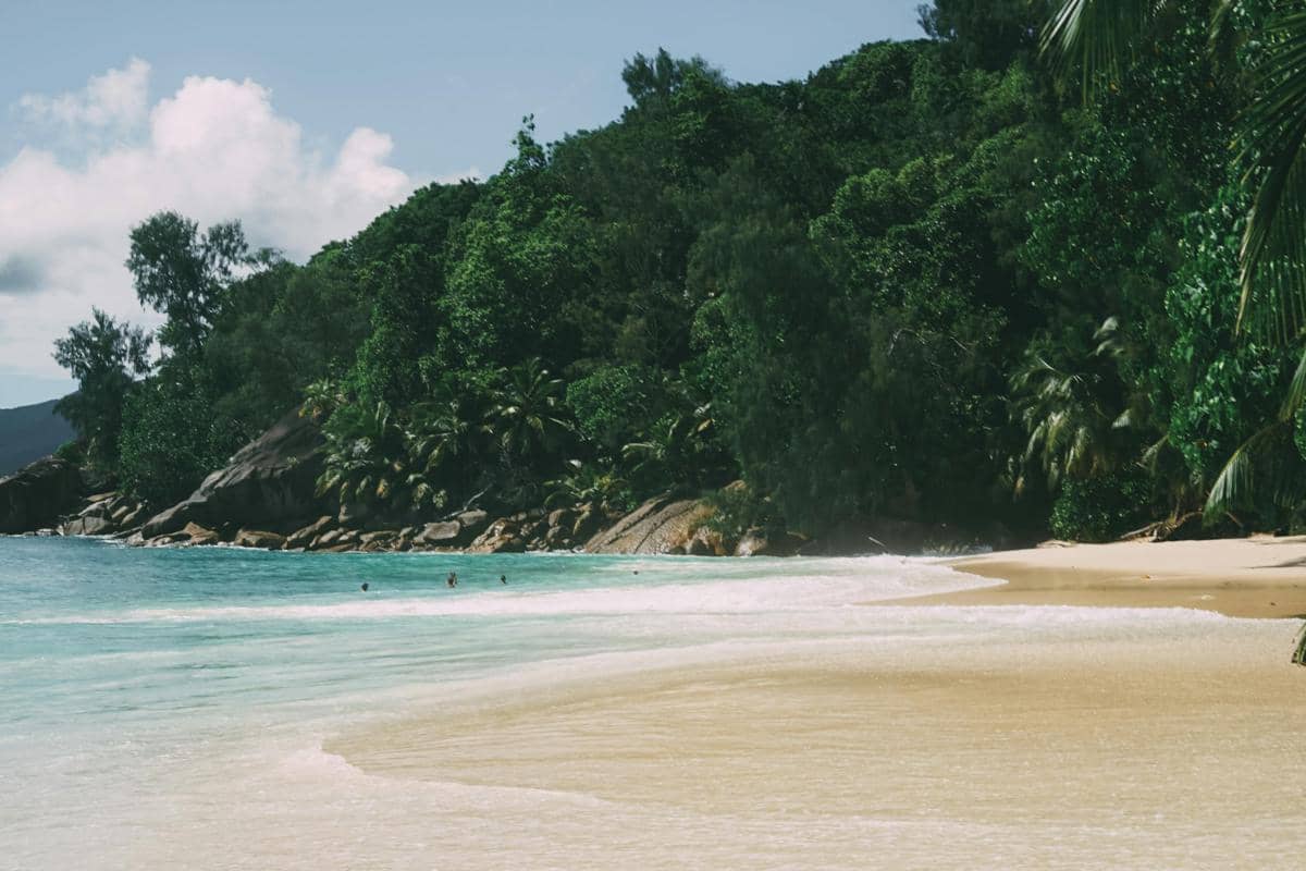 Ilustrasi Pantai Pudak Blitar dengan pasir putih dan karang besar di pesisir selatan.