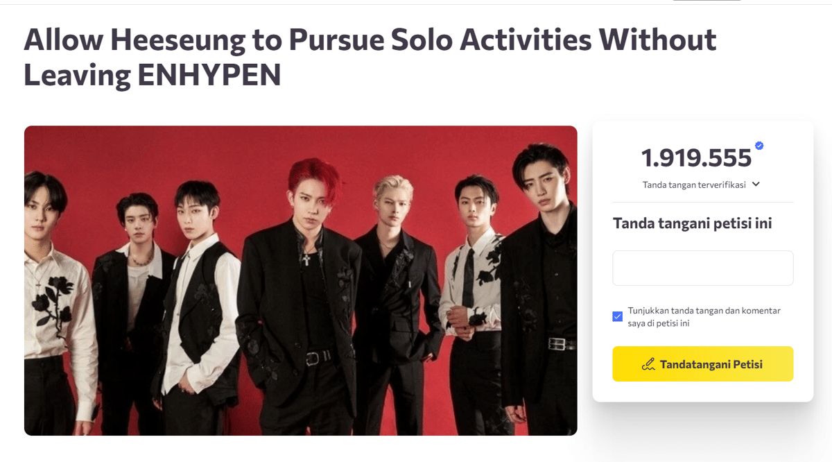 petisi untuk menyerukan agar Heeseung bisa tetap berada di ENHYPEN sambil karier solo (change.org)