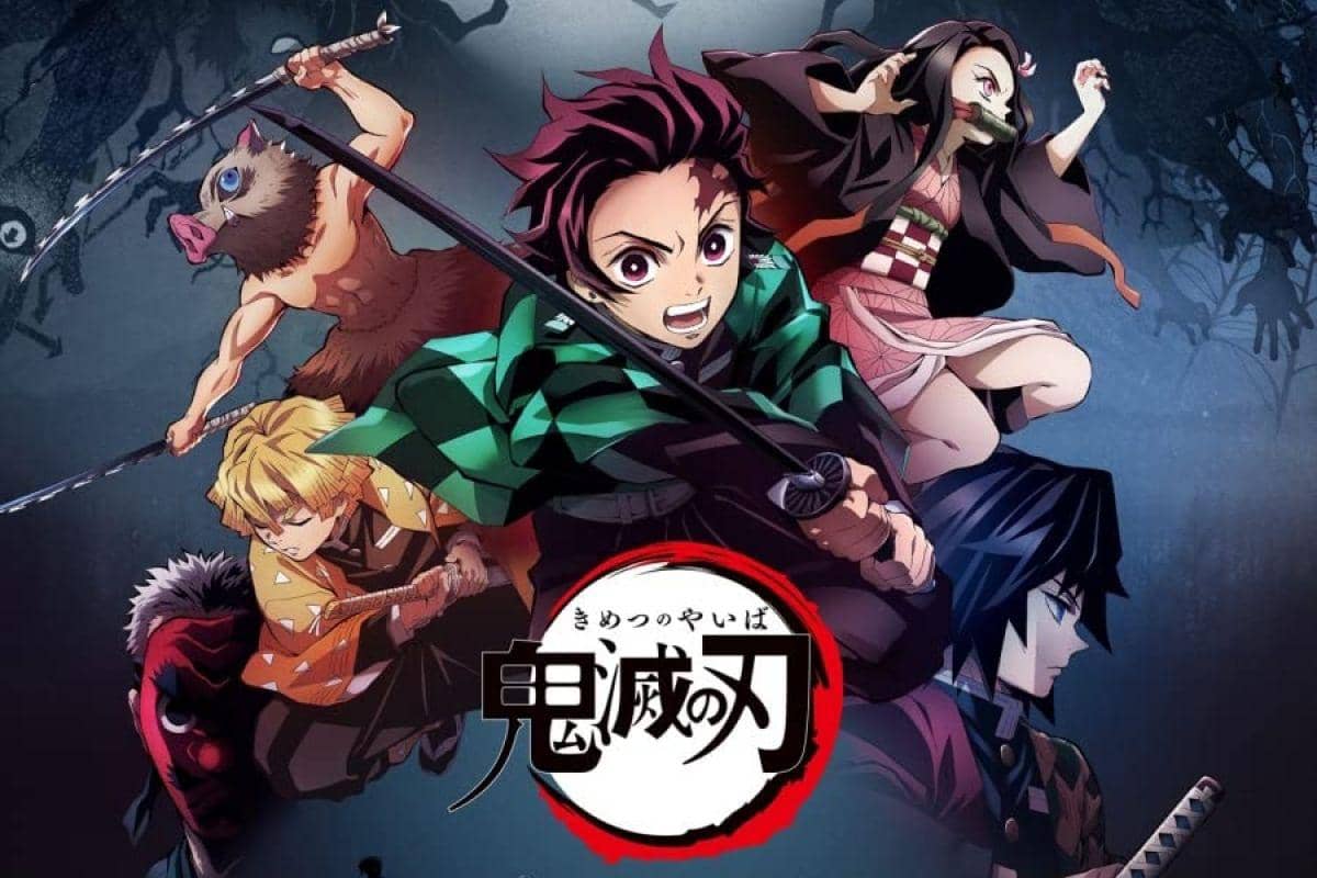Ilustrasi karakter utama anime Demon Slayer dengan pedang dan latar malam gelap yang menampilkan suasana pertarungan intens.