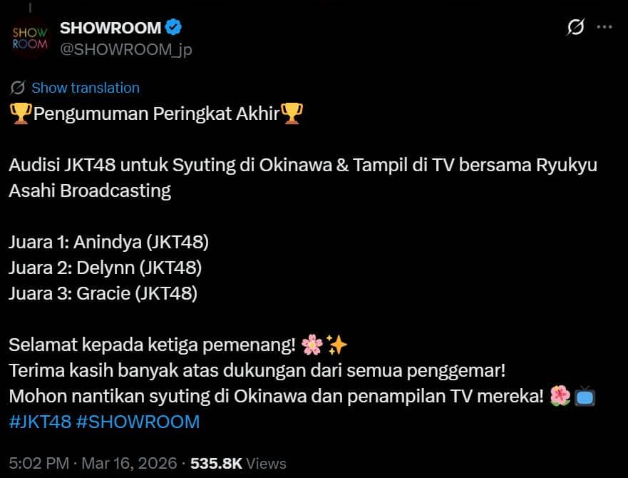 Hasil pemenang event JKT48 x Showroom