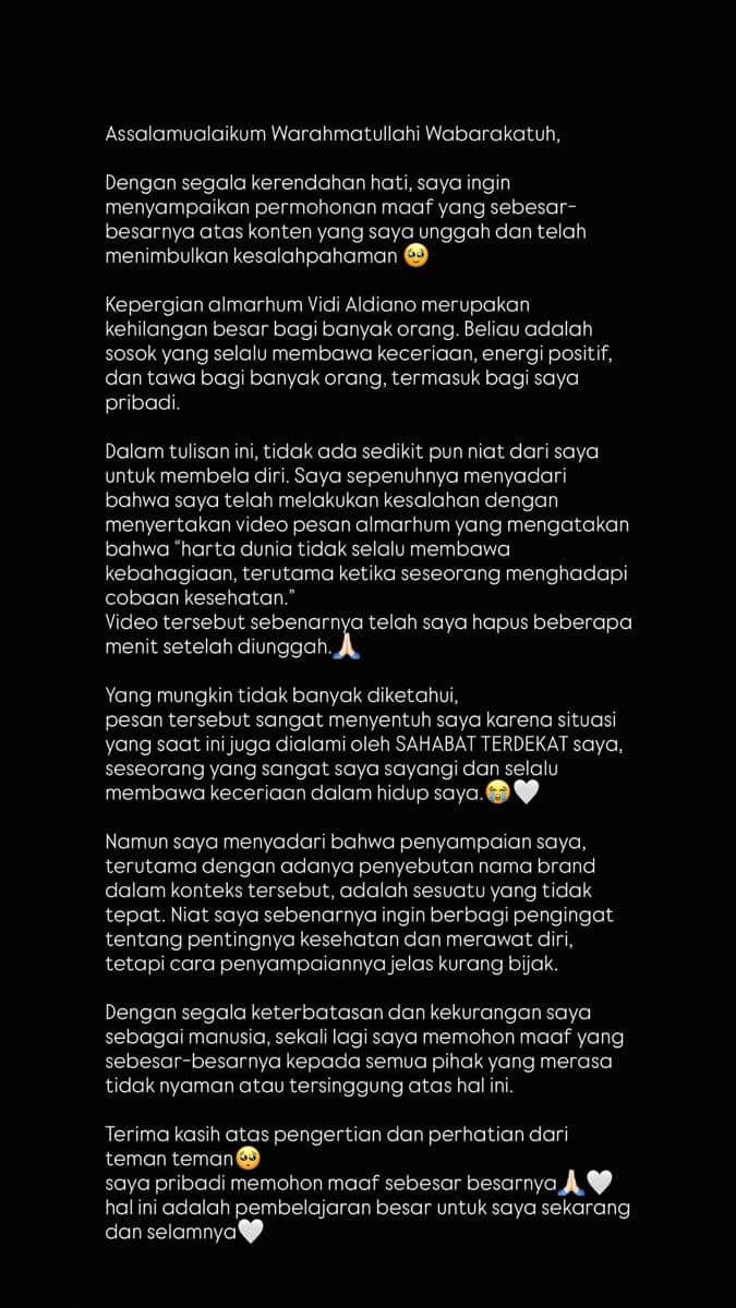 Permintaan maaf Emy Aghnia setelah dikritik pakai cuplikan video Vidi Aldiano di konten endorse