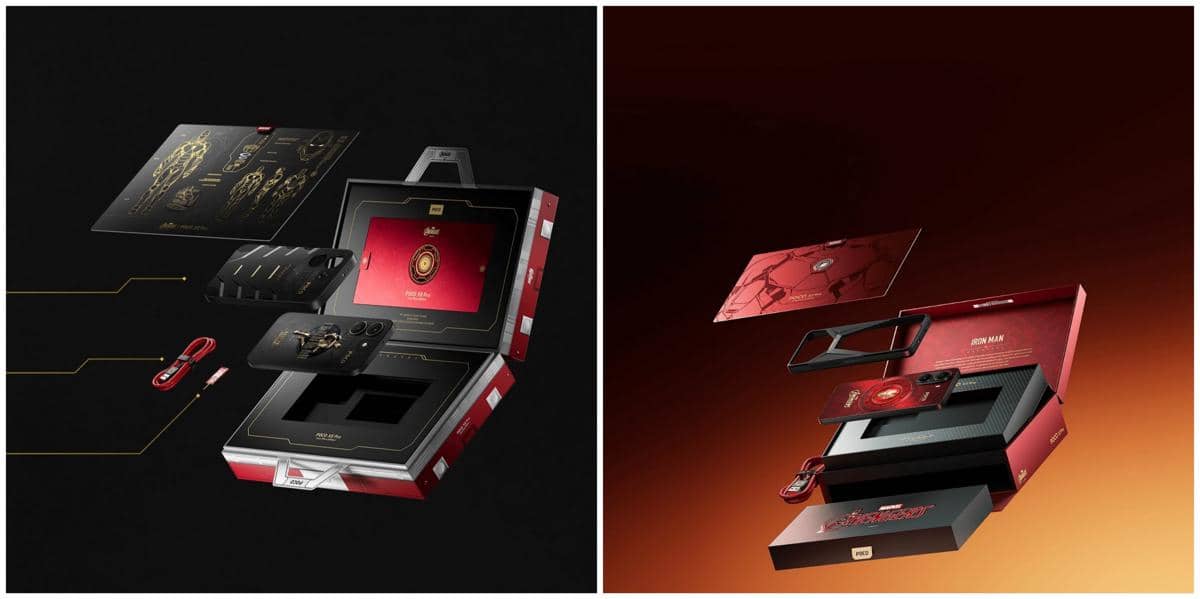 isi kotak penjualan POCO X8 Pro Iron Man Edition (kiri) dan POCO X7 Pro Iron Man Edition (kanan)