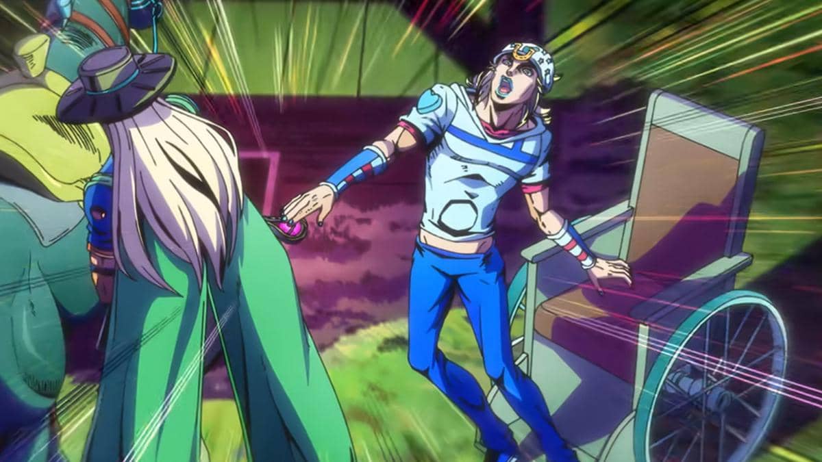 Johnny berdiri secara refleks saat memegang bola Gyro - Steel Ball Run