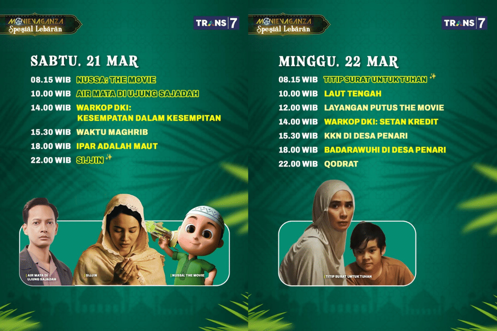 Jadwal film Lebaran 2026 di TRANS7 menampilkan banyak film Indonesia unggulan