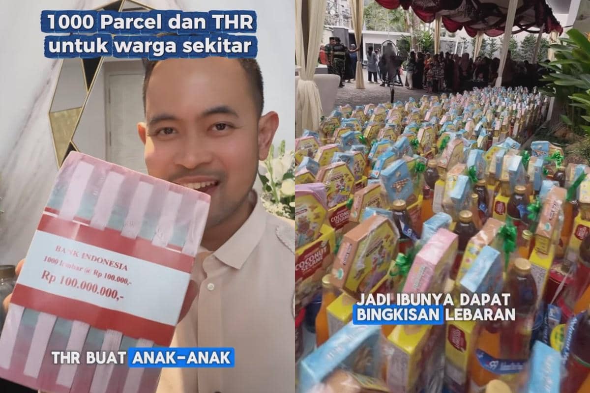 Juragan 99 pamerkan uang Rp100 juta dan ratusan bingkisan untuk dibagi-bagikan saat open house Lebaran 2026