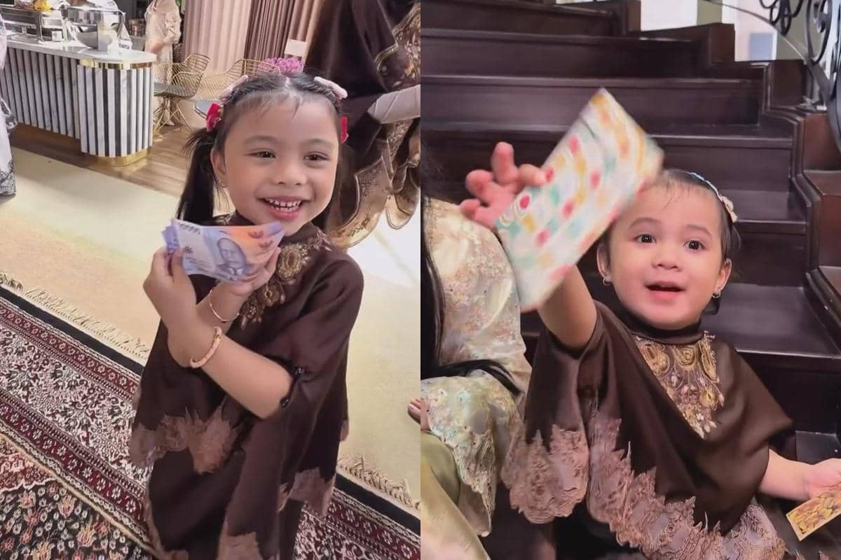 Kolase foto ekspresi Ameena dan Azura yang semringah dapat uang THR Lebaran