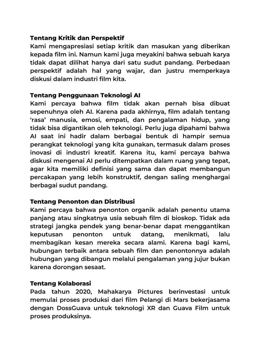 Sutradara Upie Guava tanggapi isu film Pelangi di Mars gunakan AI dan tudingan buzzer dalam unggahan Instagram pada Sabtu (21/3/2026)