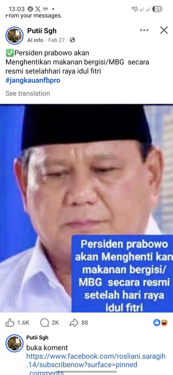 CEK FAKTA: Prabowo Bakal Setop MBG Setelah Idul Fitri 2026