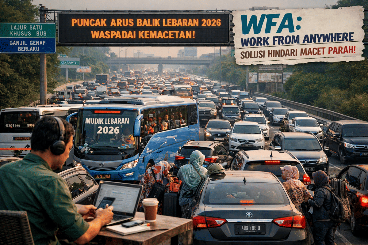 Kemacetan jalan tol arus balik lebaran 2026 dengan pemudik menggunakan laptop di mobil, menekankan konsep WFA.