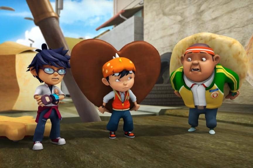 Fang, BoBoiBoy, dan Gopal memanfaatkan biskuit Yaya untuk menjinakkan kucing sewel