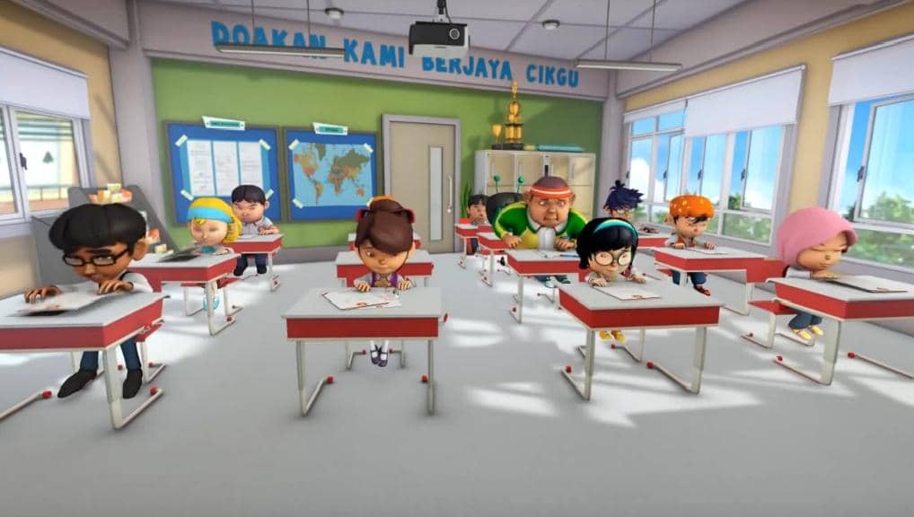 BoBoiBoy dan seluruh teman kelasnya mengerjakan ujian matematika dadakan yang diberikan oleh Papa Zola