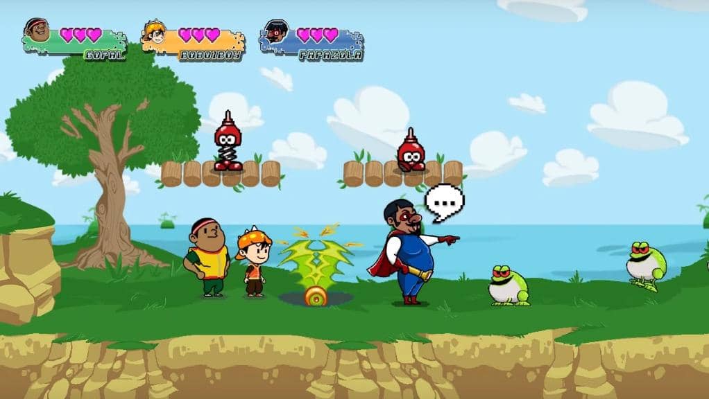 cuplikan episode "Papa Zola & Mama Zila" saat BoBoiBoy, Gopal, dan Papa Zola mencoba masuk ke dunia game