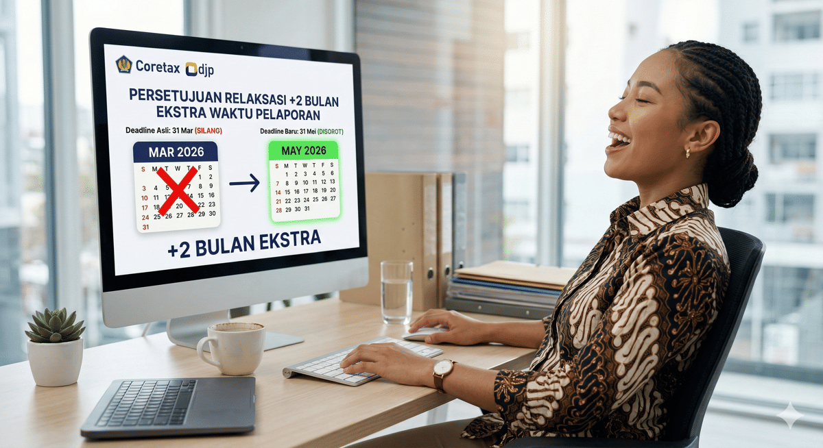 Seorang pekerja wanita tersenyum lega melihat layar komputer yang menampilkan persetujuan tambahan waktu 2 bulan untuk lapor SPT Tahunan via aplikasi Coretax DJP