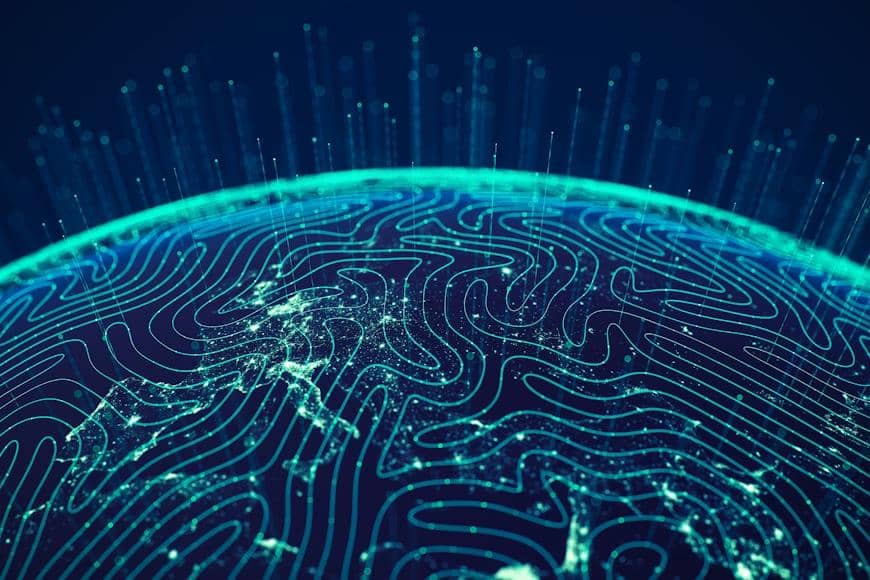 Ilustrasi digital bola dunia di malam hari dengan garis-garis abstrak bercahaya yang melambangkan kecerdasan buatan dan data.