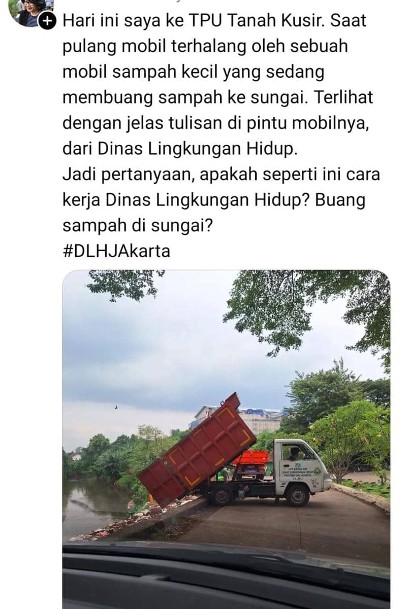 Utas di Threads yang menarasikan Truk Sampah DLH DKI Jakarta buang sampah di sungai