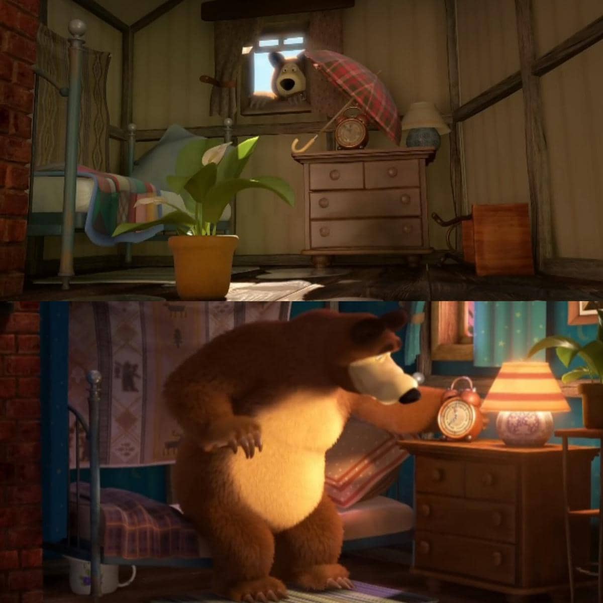 ruang tidur Bear dalam animasi Masha and The Bear