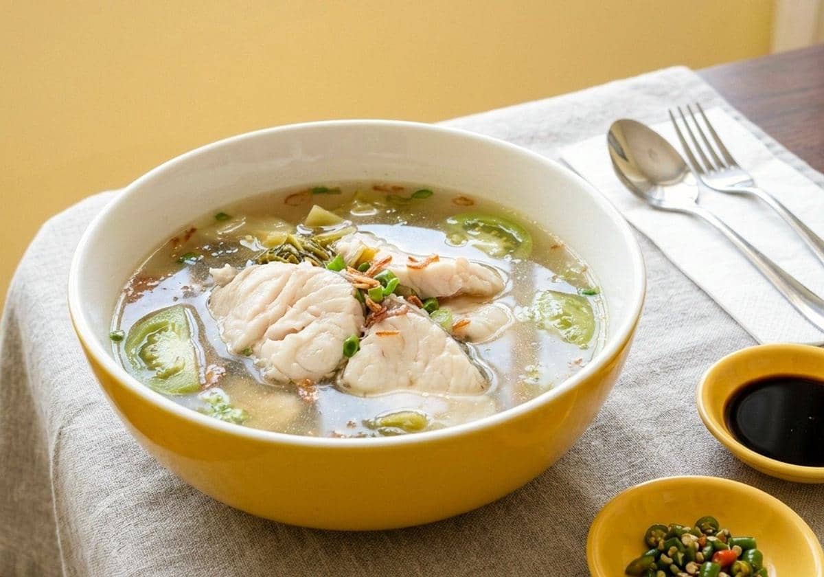 Semangkuk sup ikan dengan potongan ikan putih, tomat hijau, dan taburan bawang goreng di atas meja makan.