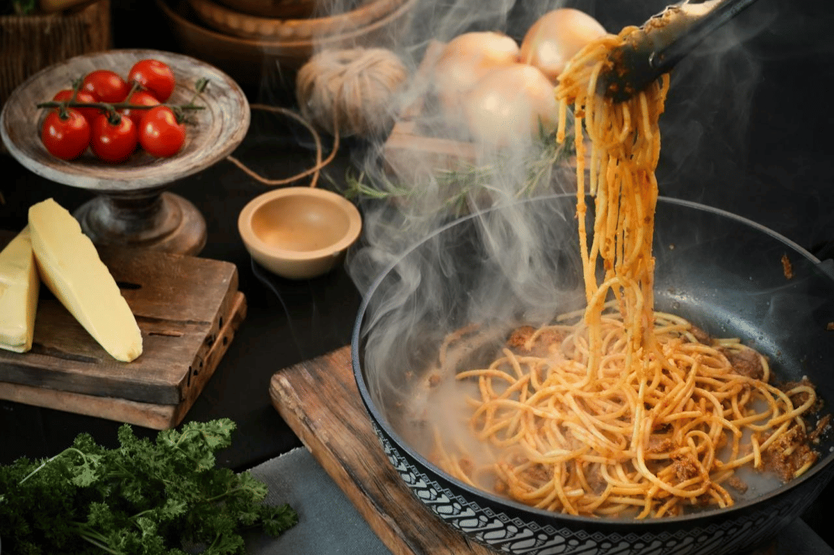 ilustrasi membuat mie garlic butter miso