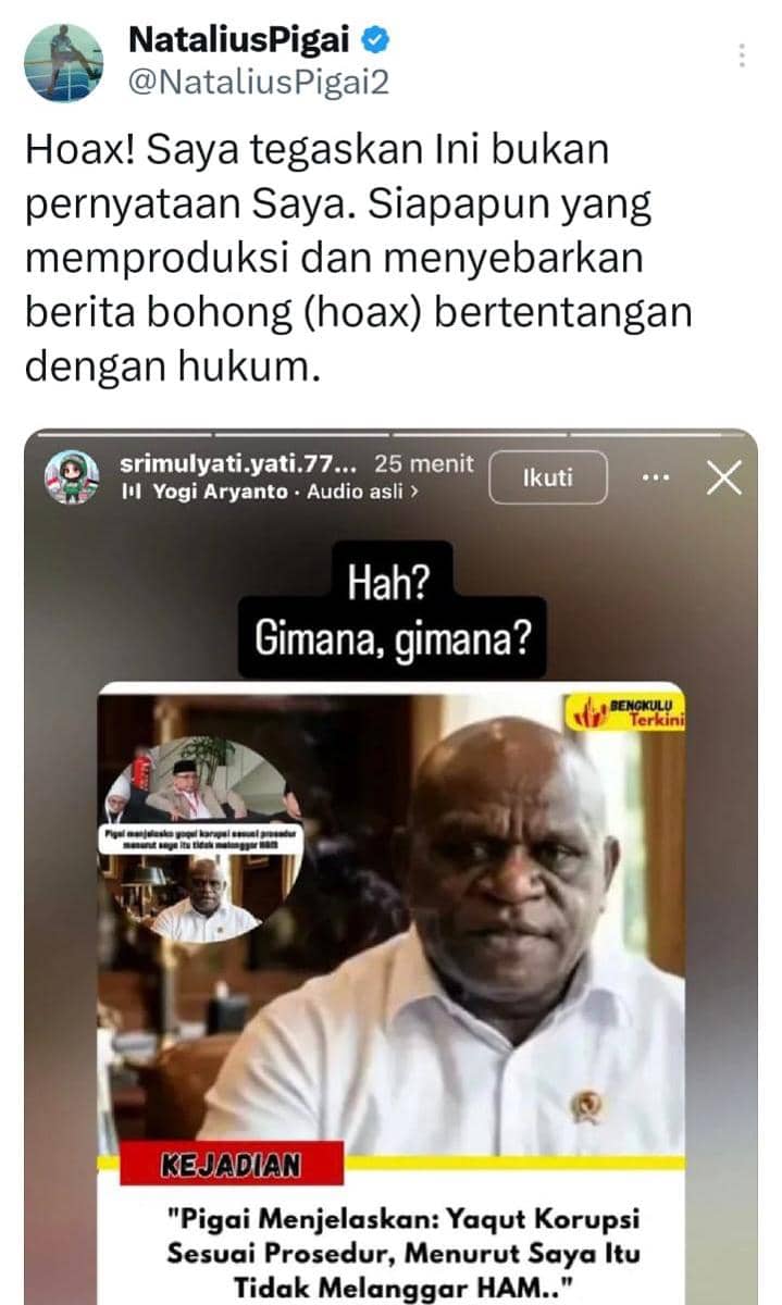 Menteri Hak Asasi Manusia (HAM)  Natalius Pigai  bantah pernyataan yang beredar di medsos