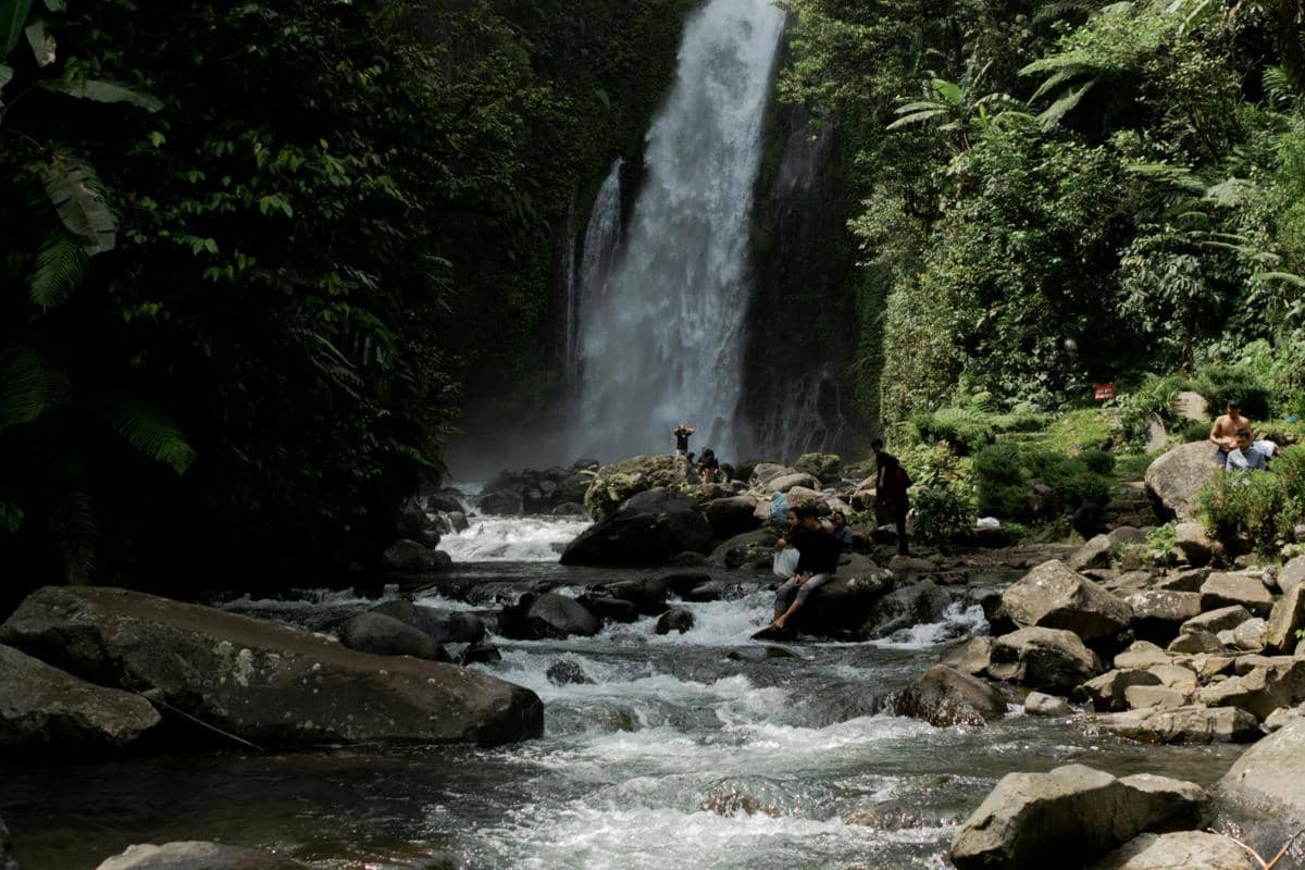 Ilustrasi air terjun di kawasan Trawas yang dikelilingi hutan pinus dengan akses jalan kaki yang mudah.