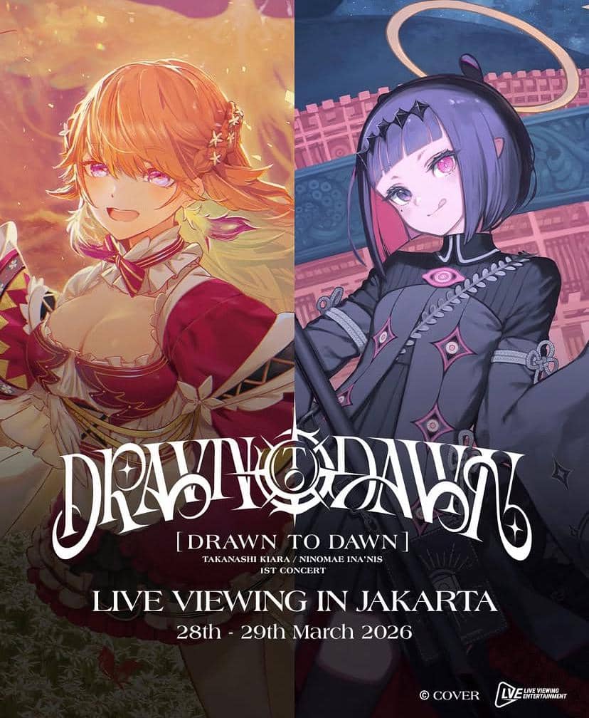 poster konser TAKANASHI KIARA / NINOMAE INA’NIS 1ST CONCERT “DRAWN TO DAWN”: LIVE VIEWING IN CINEMAS