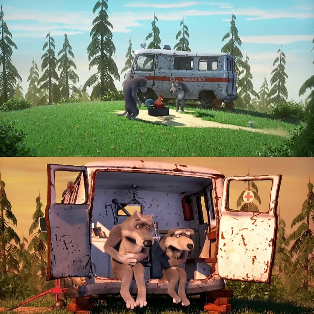 rumah Silly dan Sly Wolf dalam animasi Masha and The Bear