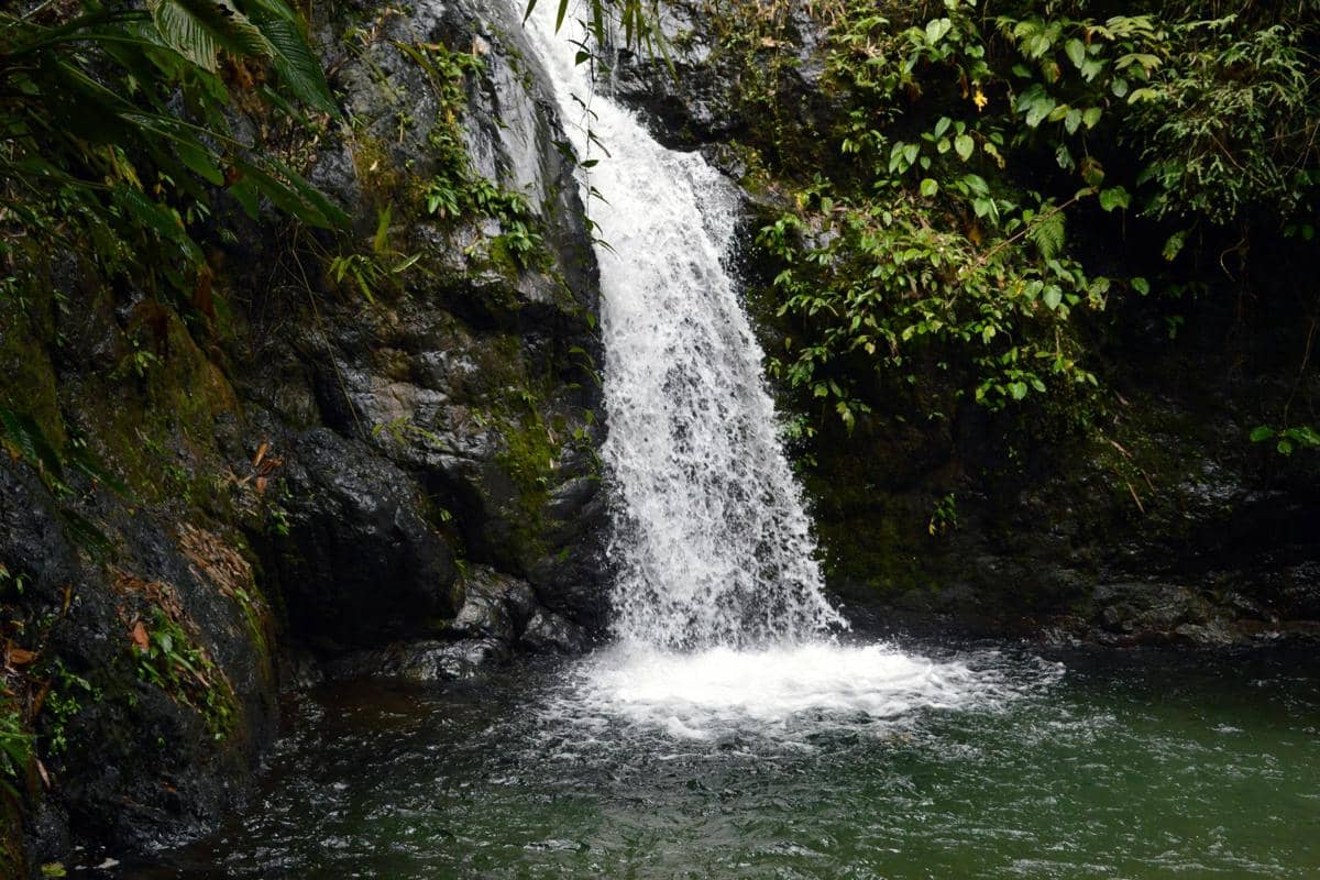 Ilustrasi Air Terjun Sumber Nyonya dengan kolam dangkal.