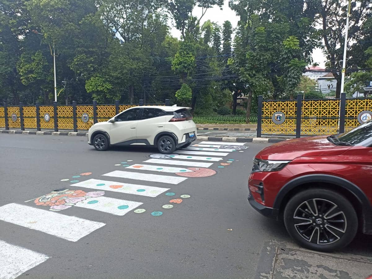 Zebra cross viral bergambar PacMan di Jalan Soepomo, Tebet, Jakarta Selatan, Selasa (31/3/2026).