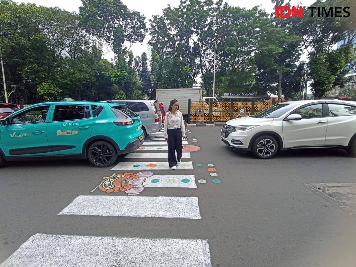 Zebra cross viral bergambar PacMan di Jalan Soepomo, Tebet, Jakarta Selatan, Selasa (31/3/2026).