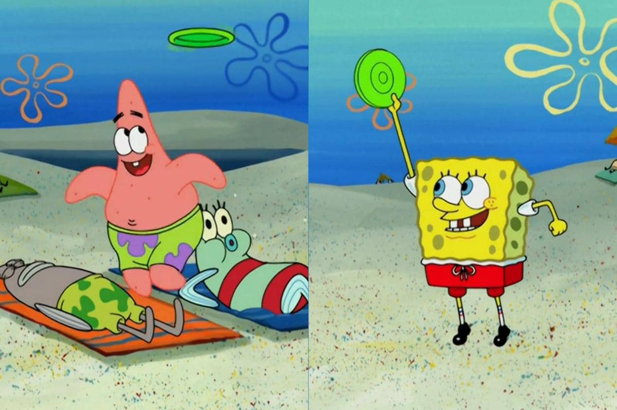 SpongeBob dan Patrick bermain lempar cakram plastik di pantai