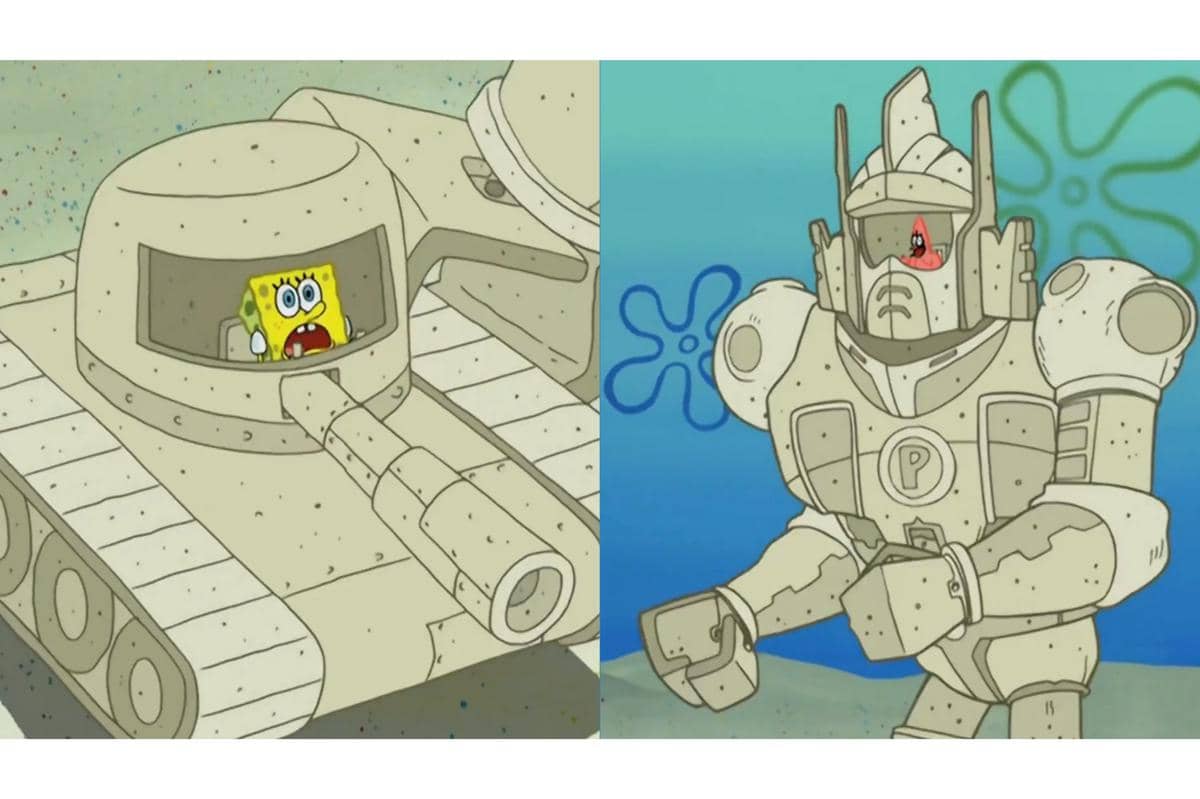 SpongeBob dan Patrick bermain perang-perangan dengan mengandalkan material pasir pantai