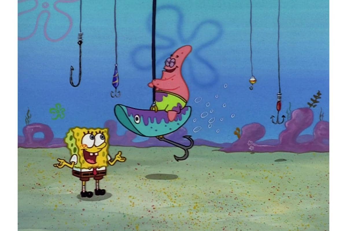 SpongeBob dan Patrick bermain di area tempat berkumpulnya kail pancing 