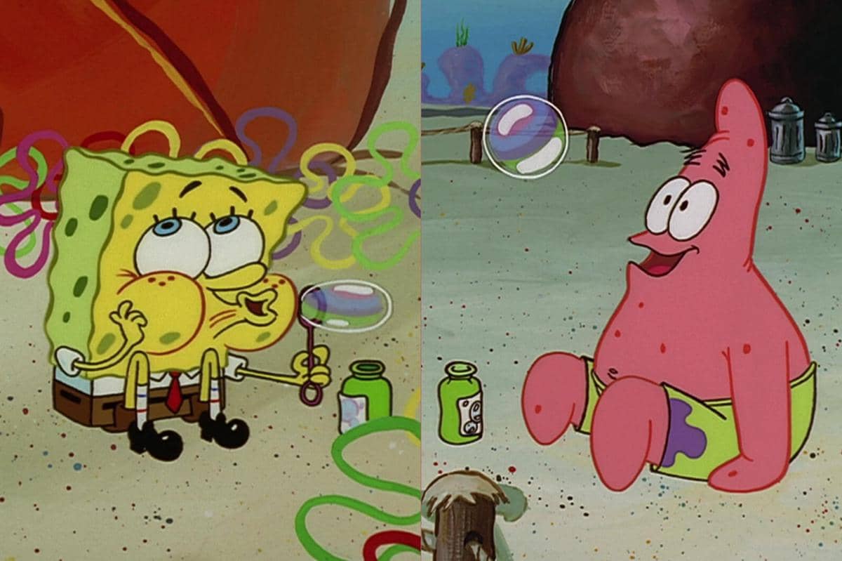 SpongeBob dan Patrick bermain telpon-telponan dengan gelembung