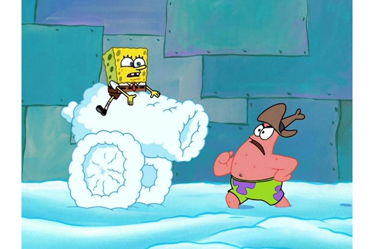 SpongeBob dan Patrick bermain perang salju di Kubah Pohon milik Sandy