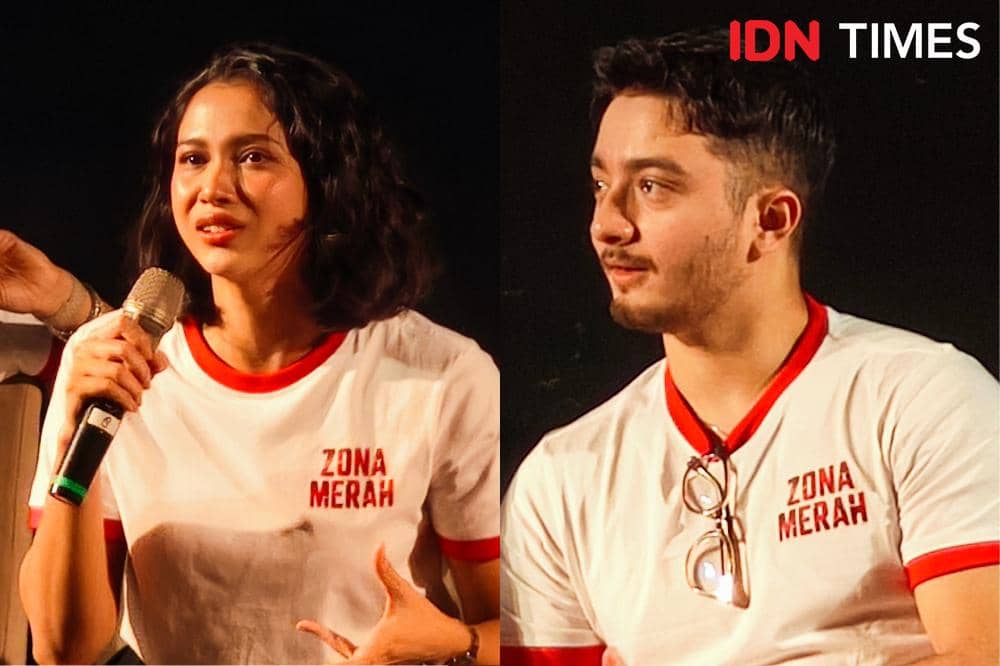 Potret Aghniny Haque (kiri) dan Bryan Domani (kanan) yang hadir sebagai pemain dalam press conference film Zona Merah di Jakarta, Rabu (1/4/2026)