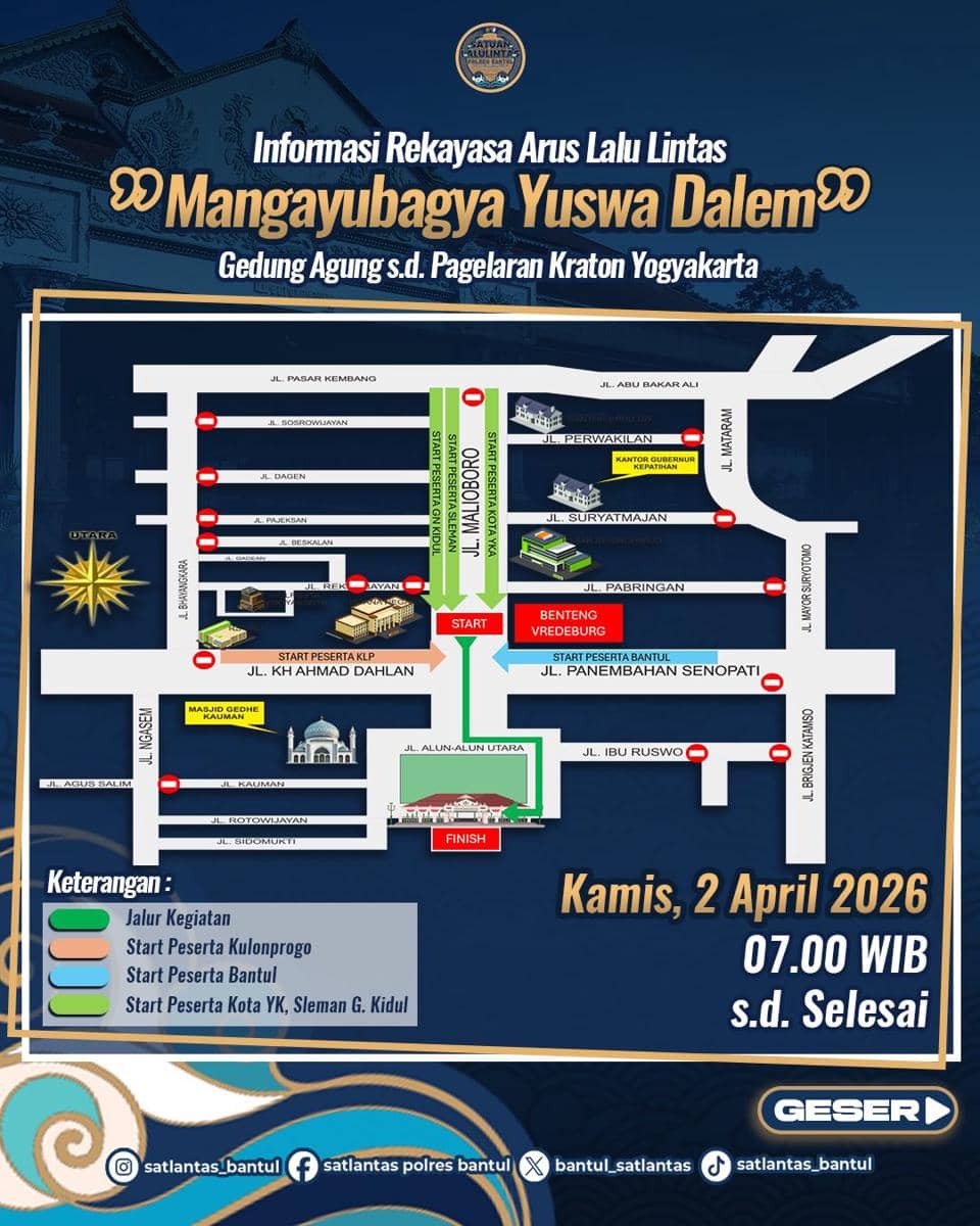 Rekayasa lalu lintas selama kirab Mangayubagya 80 Tahun Yuswa Dalem, Kamis (2/4/2026).