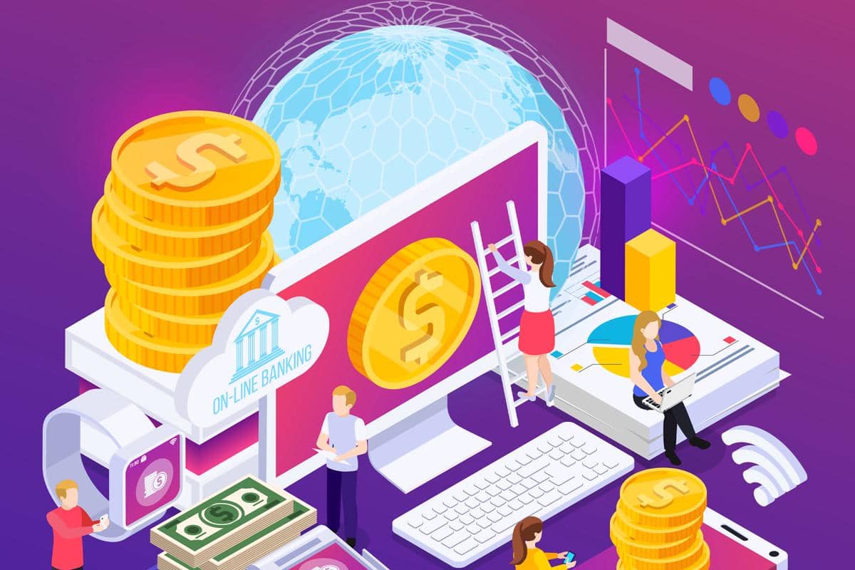Ilustrasi ekonomi digital dengan ikon e-commerce, fintech, dan layanan online