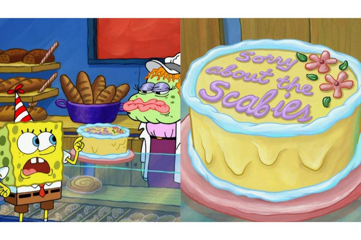SpongeBob memesan birthday cake untuk Patrick di bakery shop dengan pesan aneh di atasnya