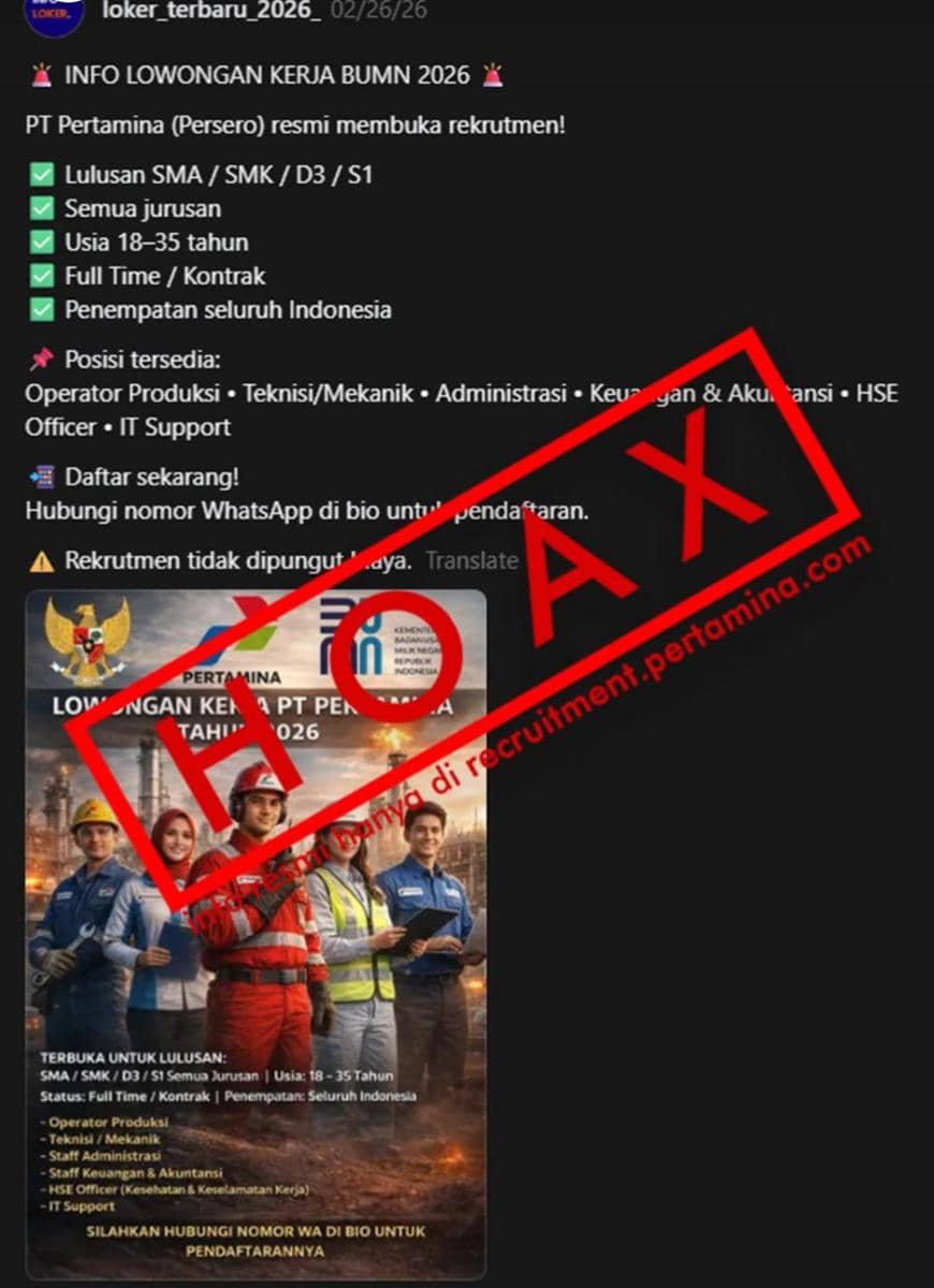 CEK FAKTA: Lowongan Kerja Pertamina 2026 Beredar di Media Sosial