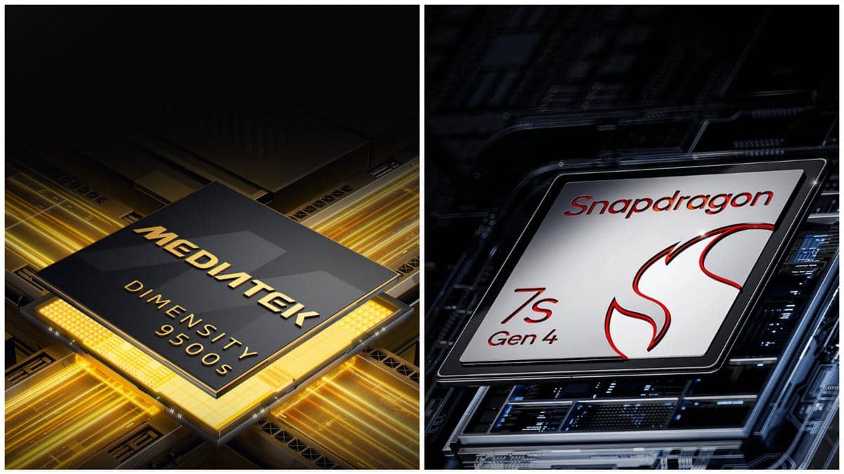 ilustrasi CPU MediaTek Dimensity 9500s (kiri) dan Qualcomm Snapdragon 7s Gen 4 (kanan)