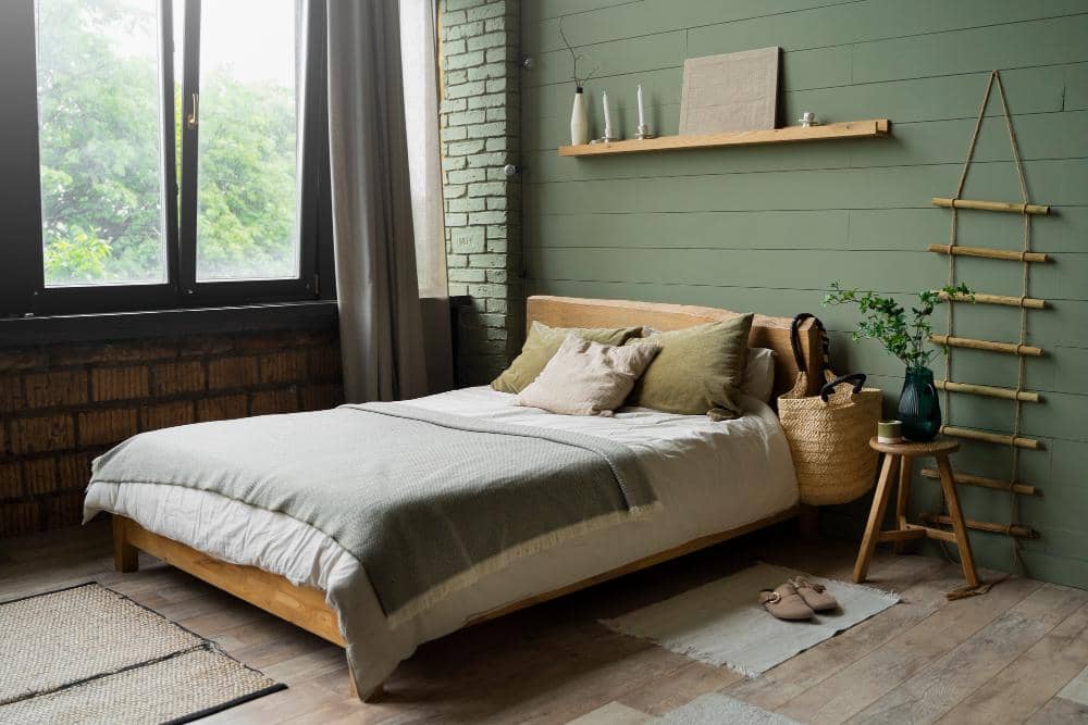 ilustrasi kamar dengan cat warna sage green