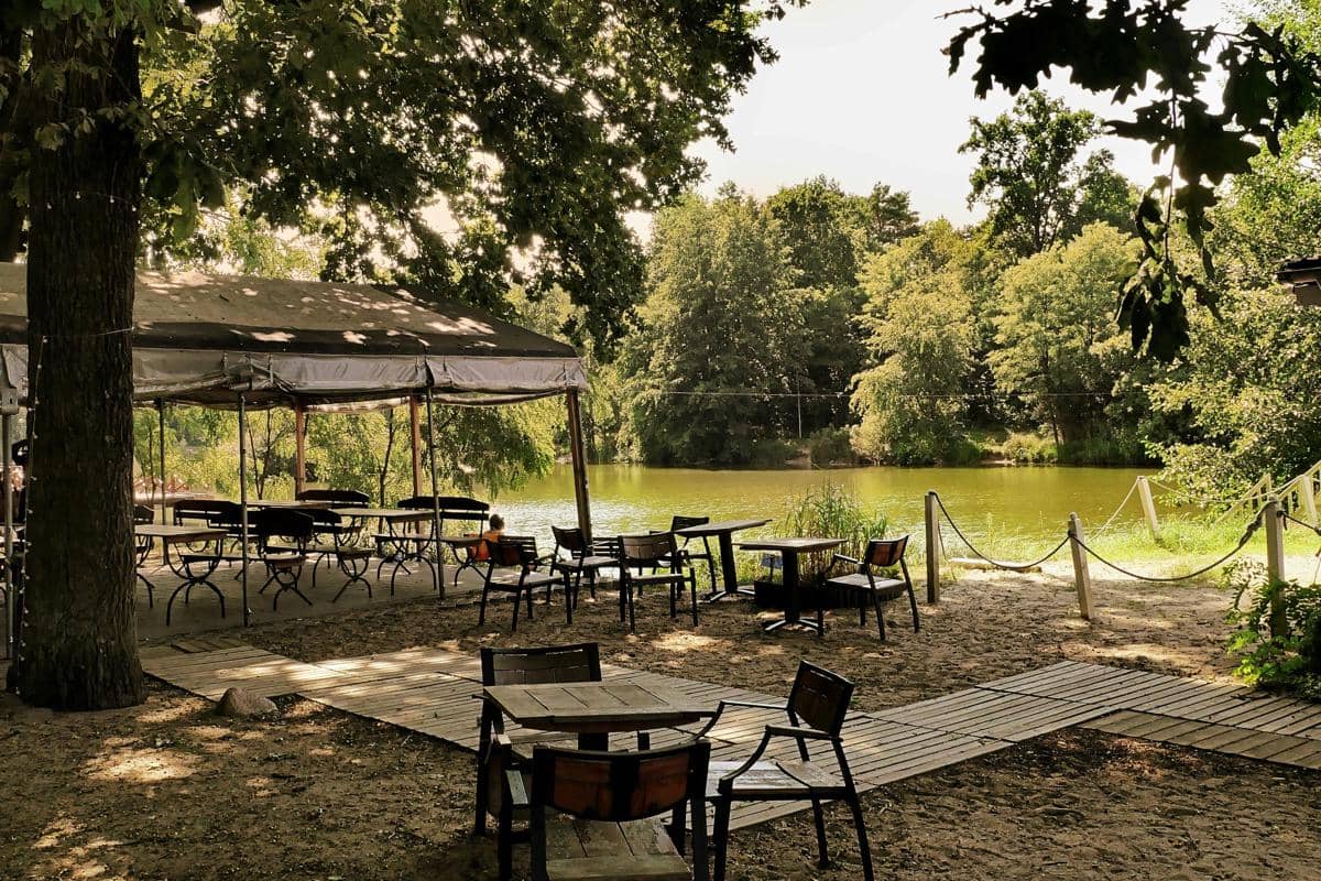 Ilustrasi Sedayu Coffee dengan  dengan area duduk menghadap aliran sungai alami yang tenang. 